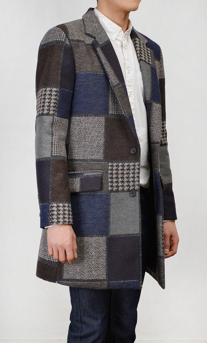 Navy Patchwork Checkered Single Breasted Two Button Wool Blend Coats