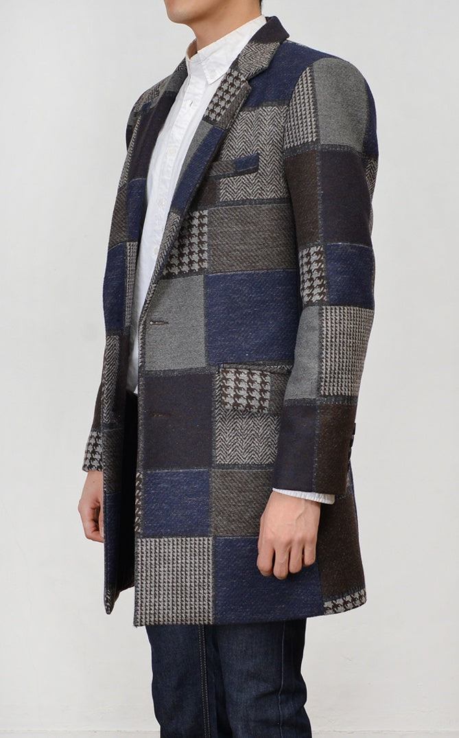 Navy Patchwork Checkered Single Breasted Two Button Wool Blend Coats