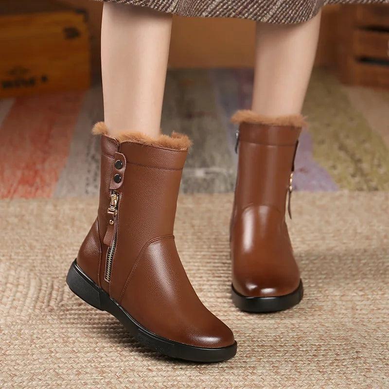 Non-Slip Leather Flat Mid-Calf Boots Women's Casual Shoes EK141