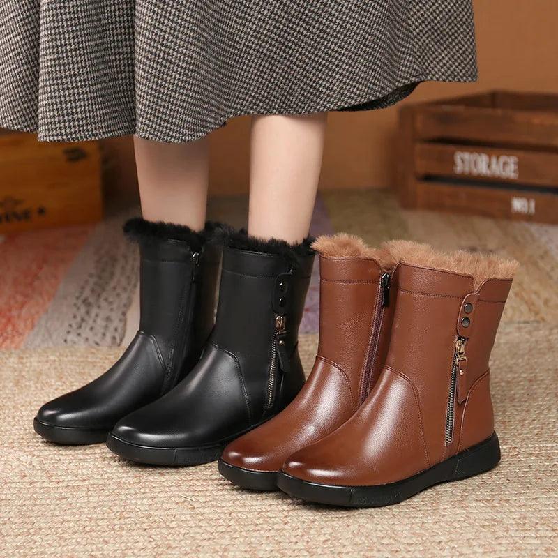 Non-Slip Leather Flat Mid-Calf Boots Women's Casual Shoes EK141