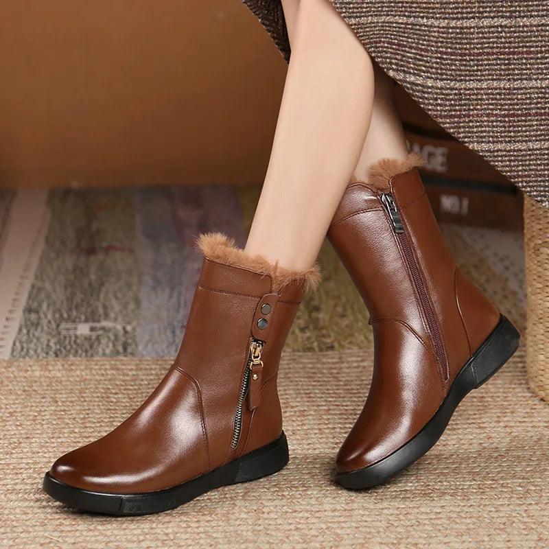 Non-Slip Leather Flat Mid-Calf Boots Women's Casual Shoes EK141