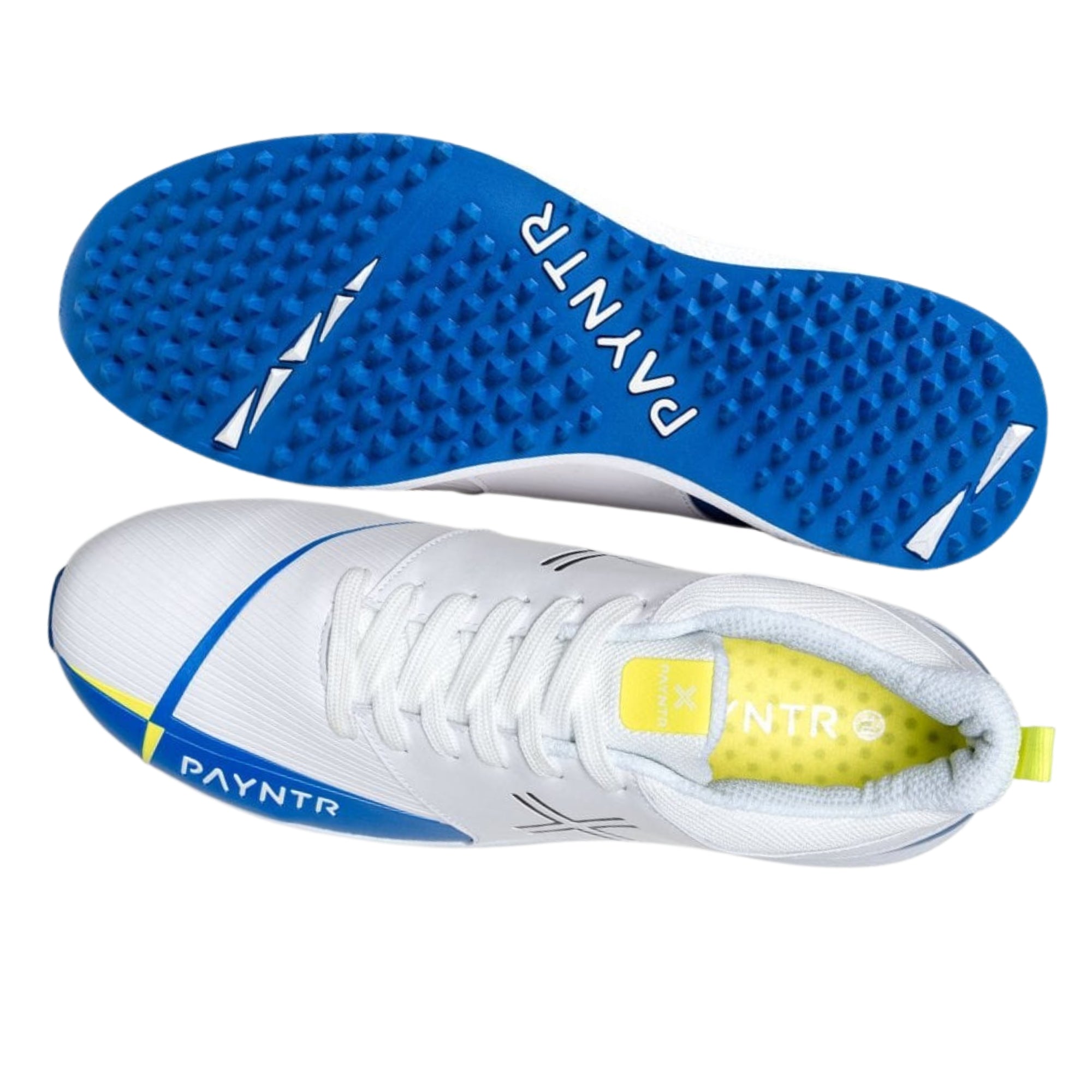 Payntr Cricket Shoes, Model V Pimple - White/Blue All Rounder Cricket Shoes