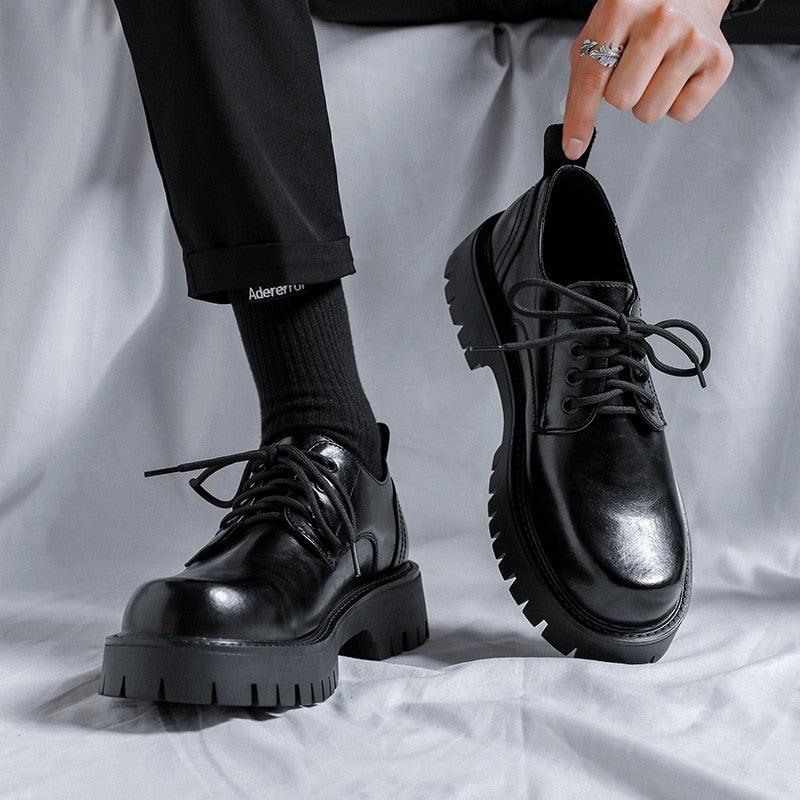 Platform Leather Casual Shoes Black White Vintage Male Lace Up Dress Shoes