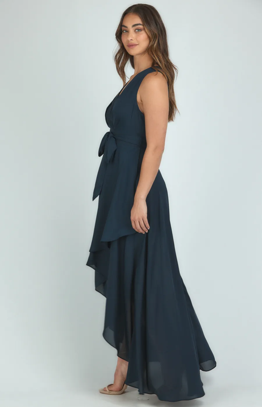 Pleated Front Detail Maxi Dress with Waterfall Hem (SDR1094A) 