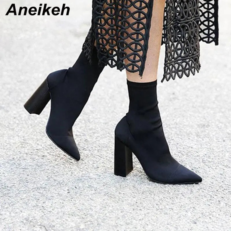 Pointed Toe Sock Boots Square High Heel Boots