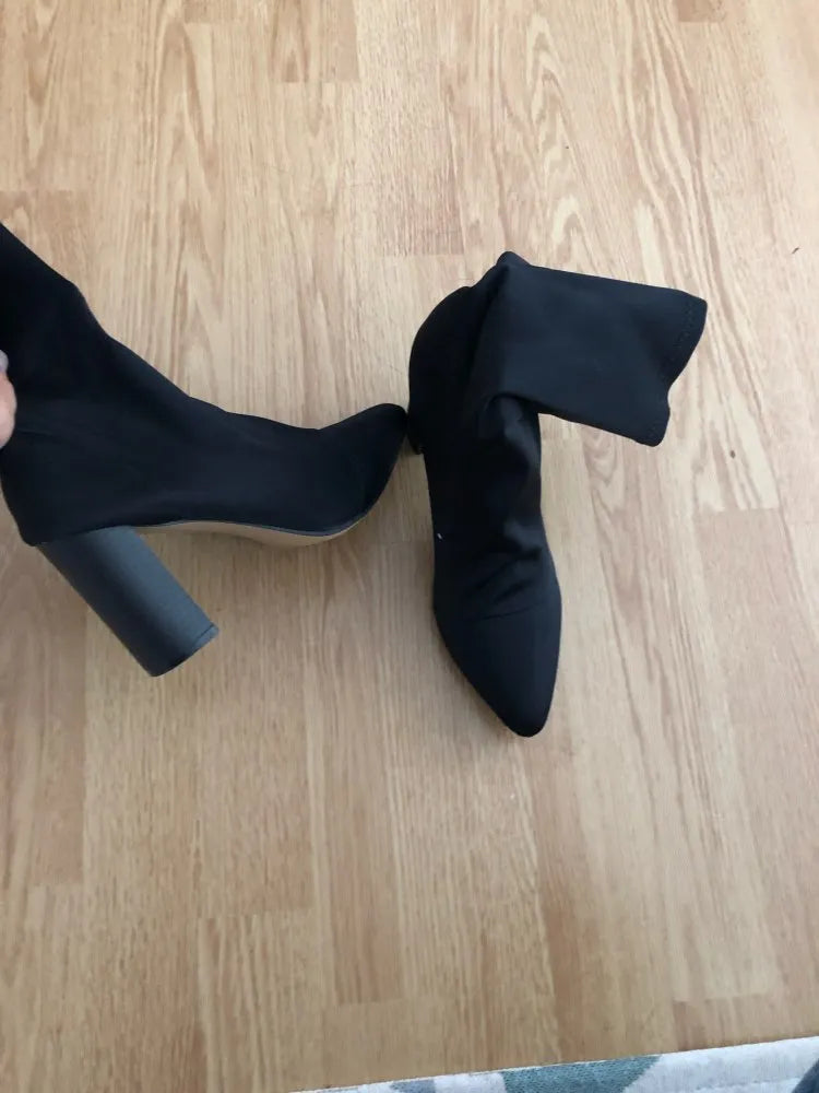 Pointed Toe Sock Boots Square High Heel Boots