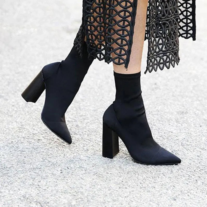 Pointed Toe Sock Boots Square High Heel Boots