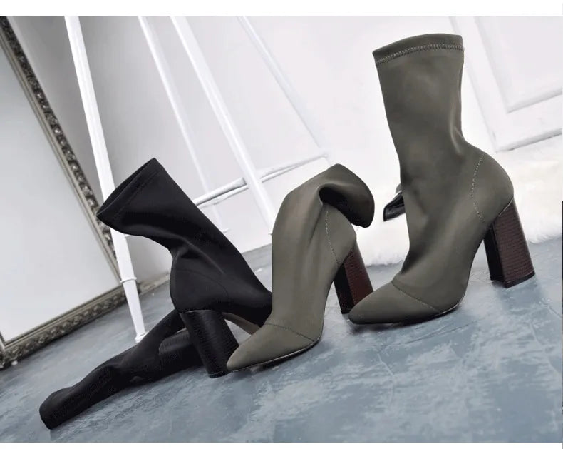 Pointed Toe Sock Boots Square High Heel Boots