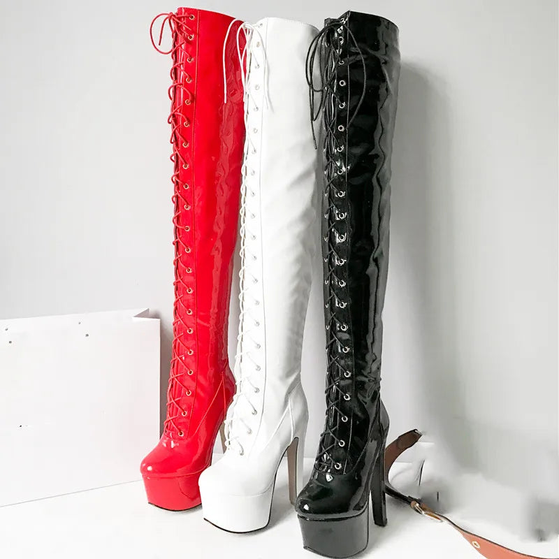 Punk Style Patent Leather Over the Knee Boots with Spike Heels for Women - Lace-up Sexy Pole Dance Shoes