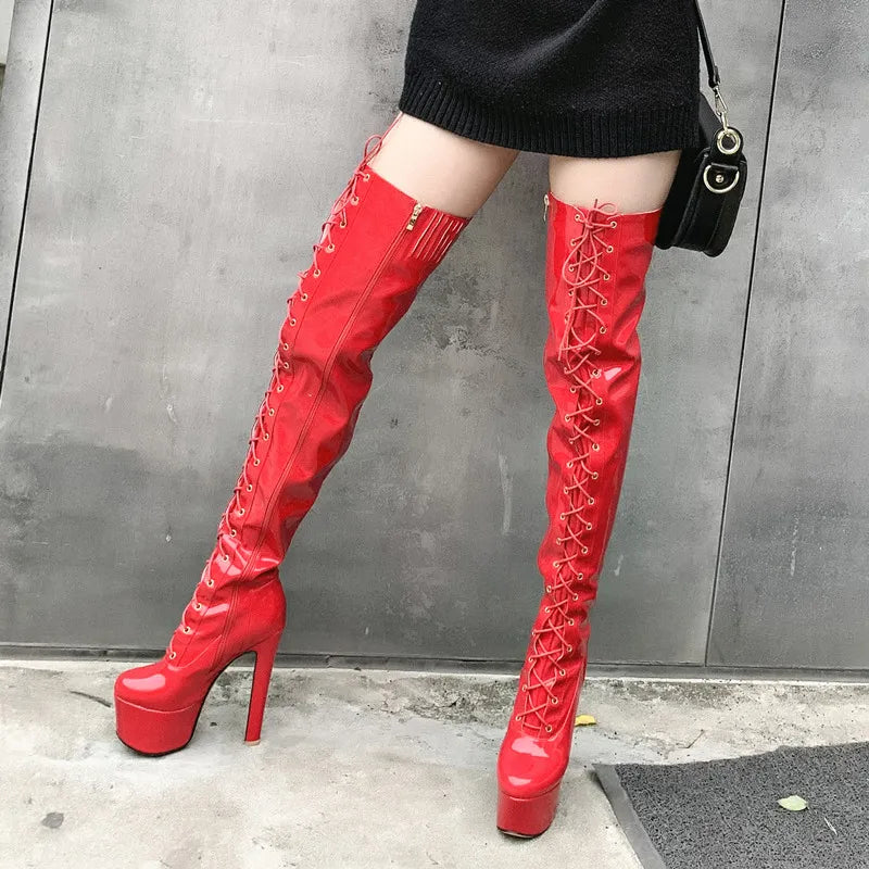 Punk Style Patent Leather Over the Knee Boots with Spike Heels for Women - Lace-up Sexy Pole Dance Shoes