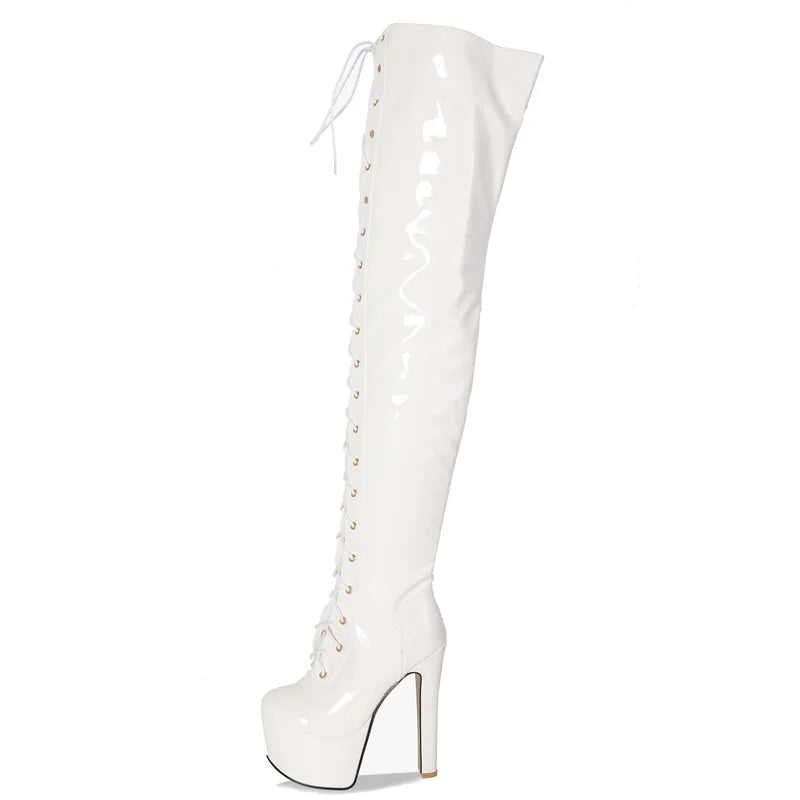 Punk Style Patent Leather Over the Knee Boots with Spike Heels for Women - Lace-up Sexy Pole Dance Shoes