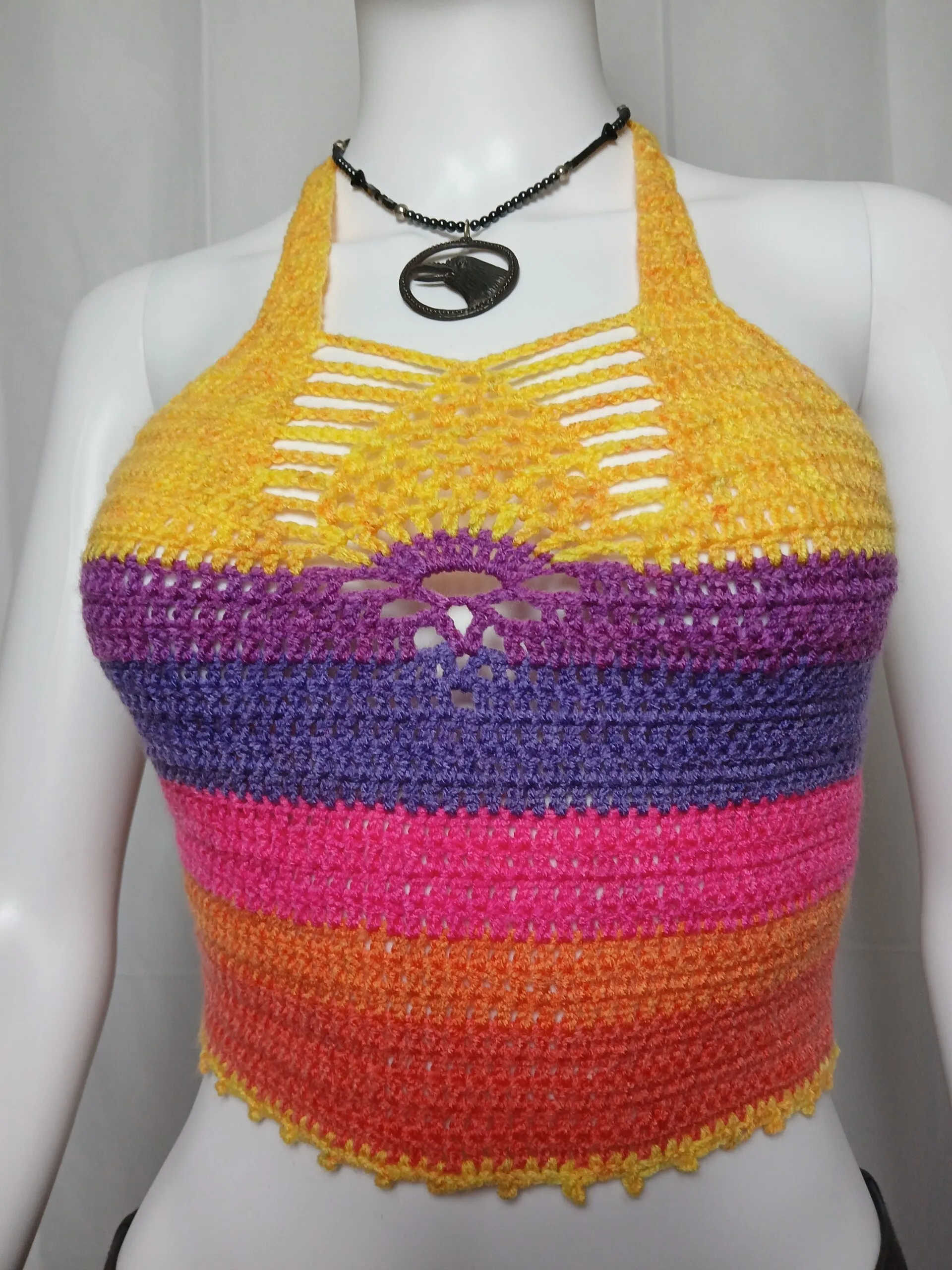 Rave & Festival Pineapple Crochet Corset Back Halter, Radiant Rainbow