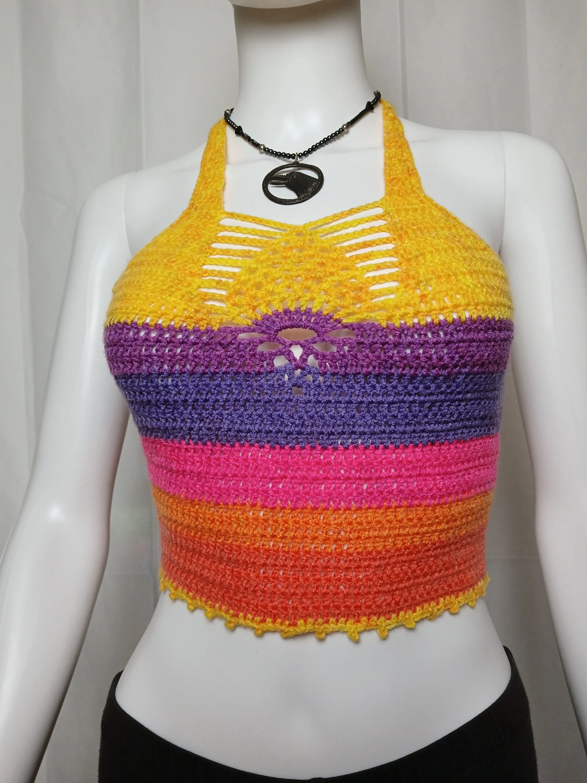 Rave & Festival Pineapple Crochet Corset Back Halter, Radiant Rainbow