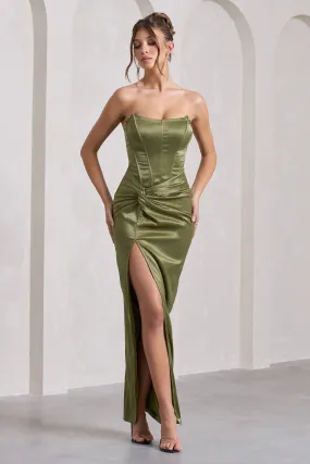 Romancing | Olive Thigh Split Corset Strapless Maxi Dress