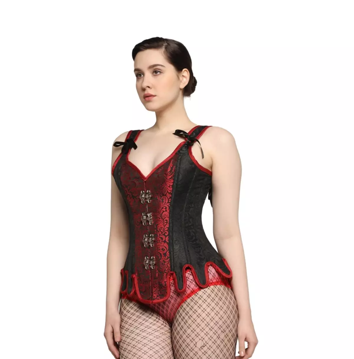 Scarlet Shadow: Steel-Boned Overbust Corset in Black & Red Brocade