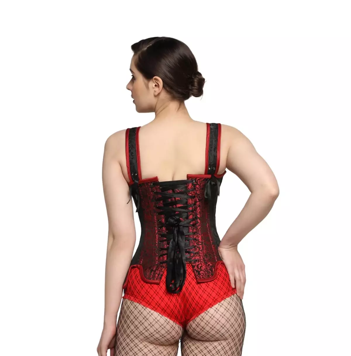 Scarlet Shadow: Steel-Boned Overbust Corset in Black & Red Brocade