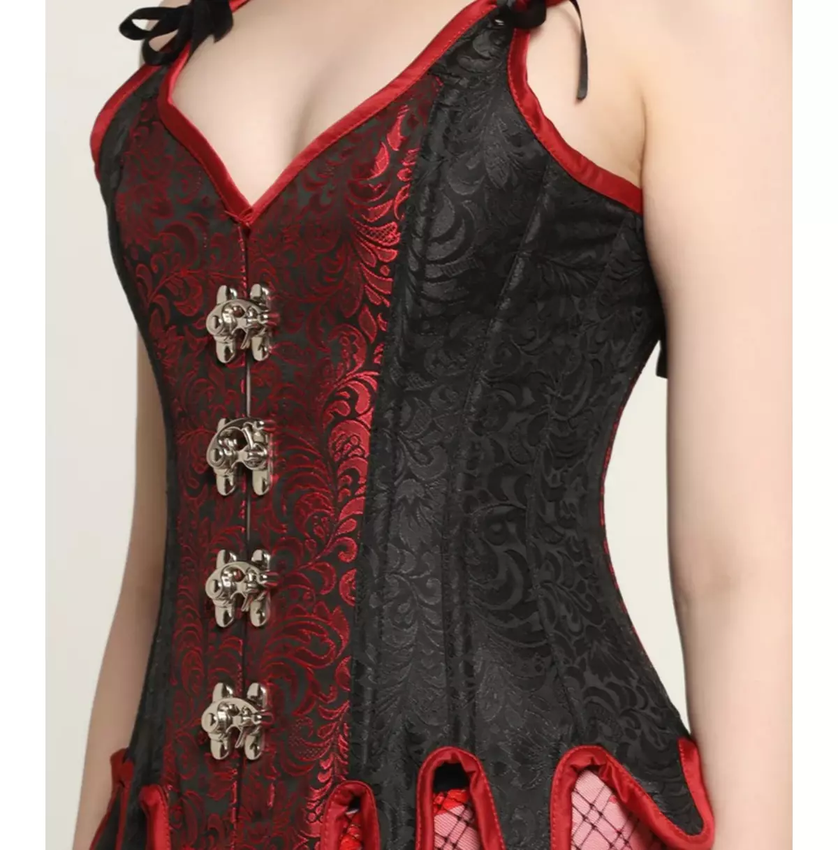 Scarlet Shadow: Steel-Boned Overbust Corset in Black & Red Brocade