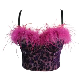 Sexy Ladies Feather Nightclub Stage Corset Top With Cups Crop Top To Wear Out Bra Push Up Chest Female Clothing