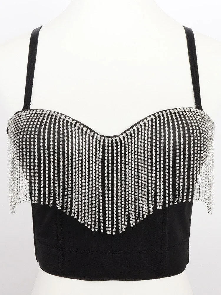 Sexy Tassel Rhinestone Nightclub Push Up Bralette With Built In Bra Cropped To Wear Out Corset Camis Crop Top