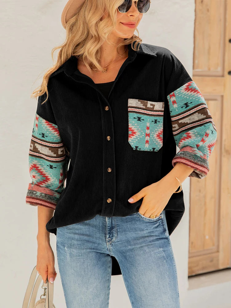 Southwestern Style Printed Jacket Coat Women 2023 Autumn Winter New Printed Long Sleeve Shirt Ladies Elegant Causal Loose Jacket