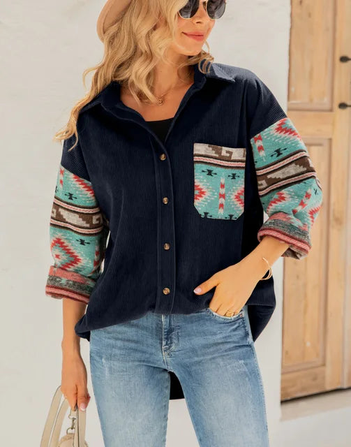 Southwestern Style Printed Jacket Coat Women 2023 Autumn Winter New Printed Long Sleeve Shirt Ladies Elegant Causal Loose Jacket