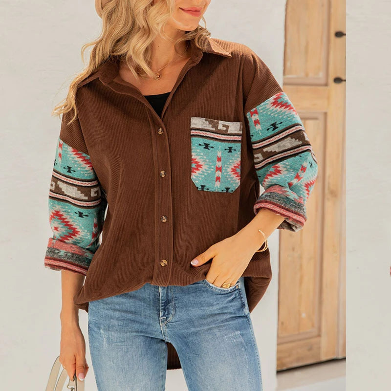 Southwestern Style Printed Jacket Coat Women 2023 Autumn Winter New Printed Long Sleeve Shirt Ladies Elegant Causal Loose Jacket