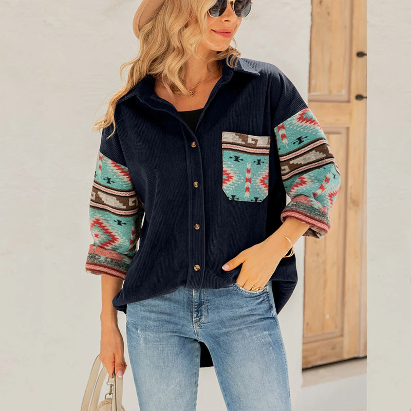 Southwestern Style Printed Jacket Coat Women 2023 Autumn Winter New Printed Long Sleeve Shirt Ladies Elegant Causal Loose Jacket