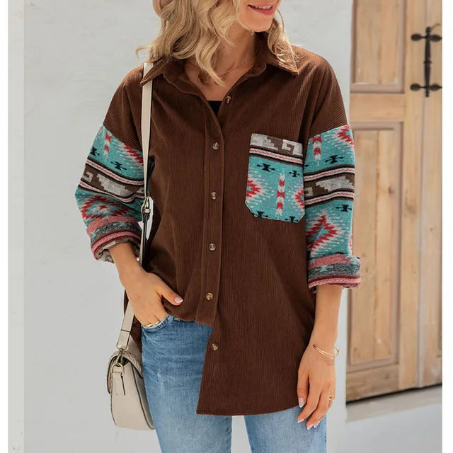 Southwestern Style Printed Jacket Coat Women 2023 Autumn Winter New Printed Long Sleeve Shirt Ladies Elegant Causal Loose Jacket