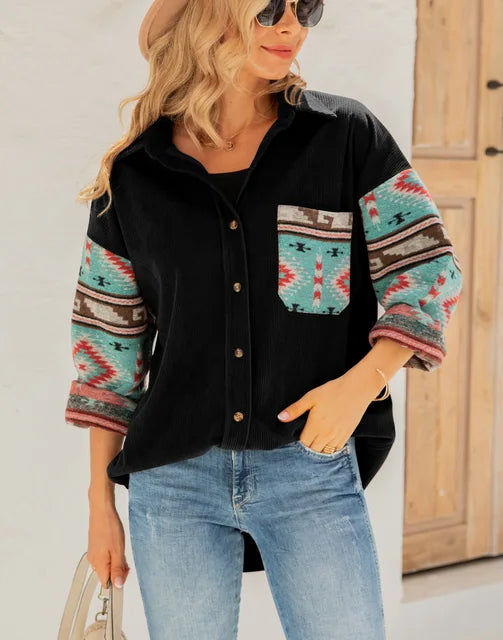 Southwestern Style Printed Jacket Coat Women 2023 Autumn Winter New Printed Long Sleeve Shirt Ladies Elegant Causal Loose Jacket