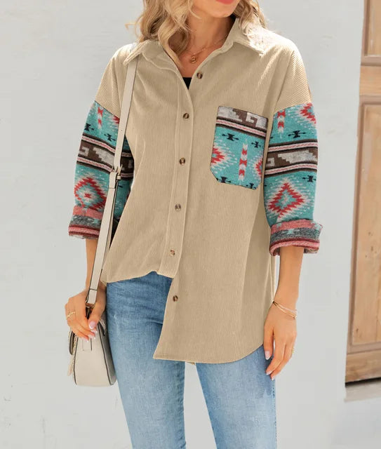 Southwestern Style Printed Jacket Coat Women 2023 Autumn Winter New Printed Long Sleeve Shirt Ladies Elegant Causal Loose Jacket