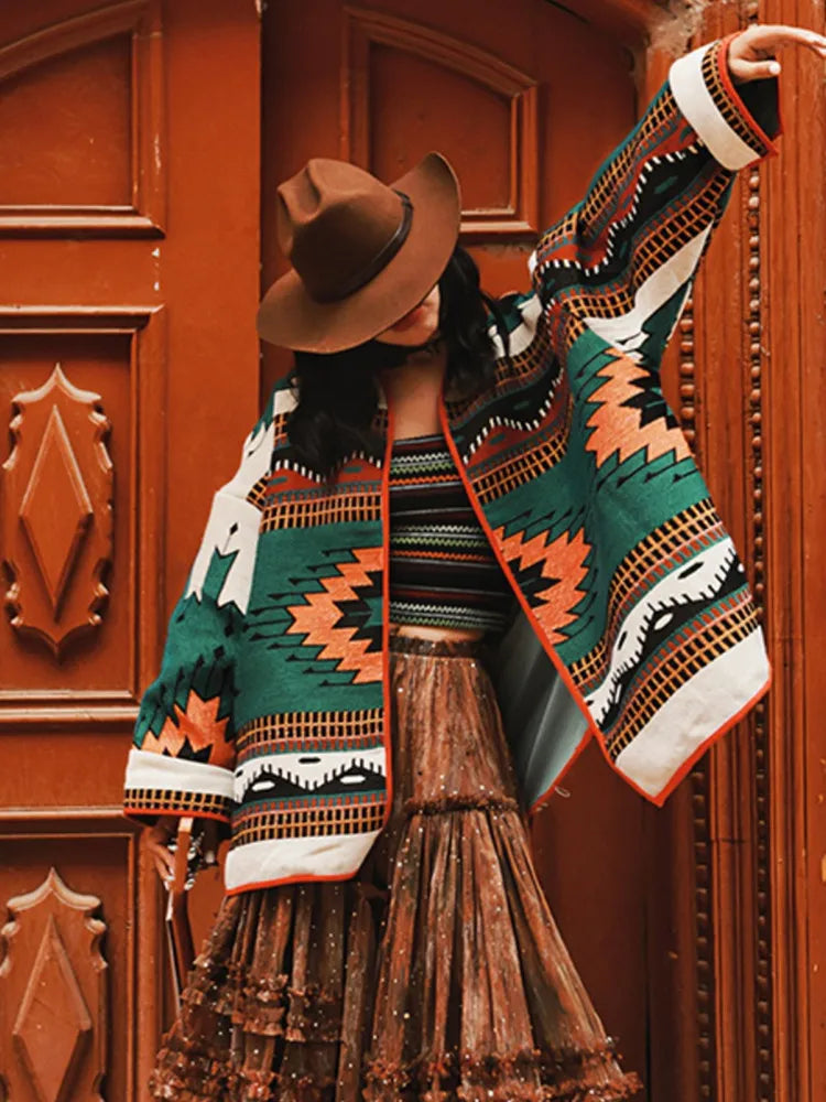 Spring Fall Jacket Clothes Women Exotic Southwest Style Contrast Printed Oversize Jacket Long Sleeve V-Neck Cardigan Coat