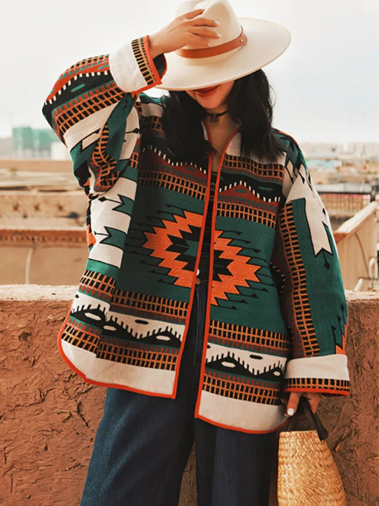 Spring Fall Jacket Clothes Women Exotic Southwest Style Contrast Printed Oversize Jacket Long Sleeve V-Neck Cardigan Coat