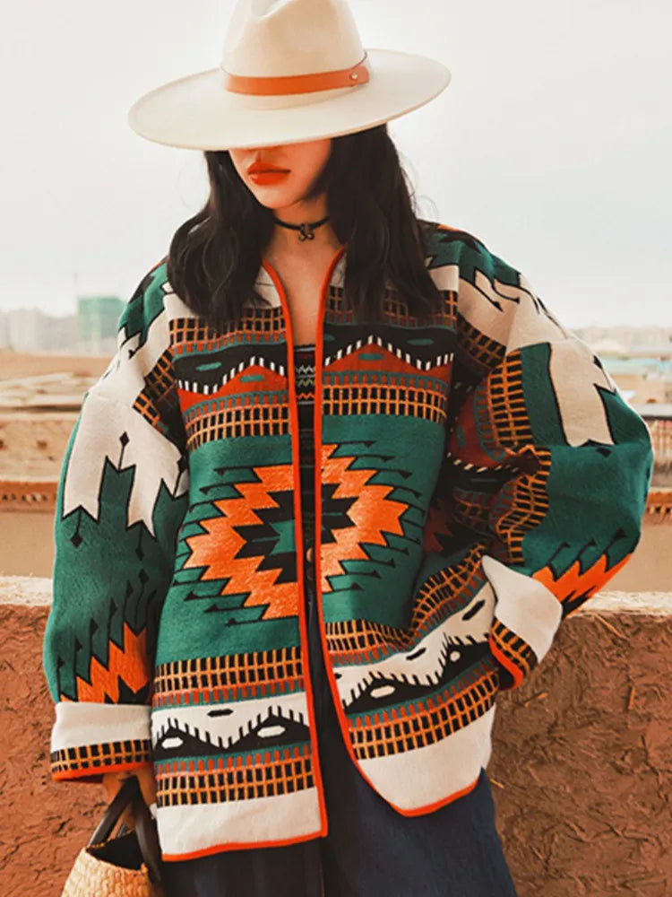 Spring Fall Jacket Clothes Women Exotic Southwest Style Contrast Printed Oversize Jacket Long Sleeve V-Neck Cardigan Coat