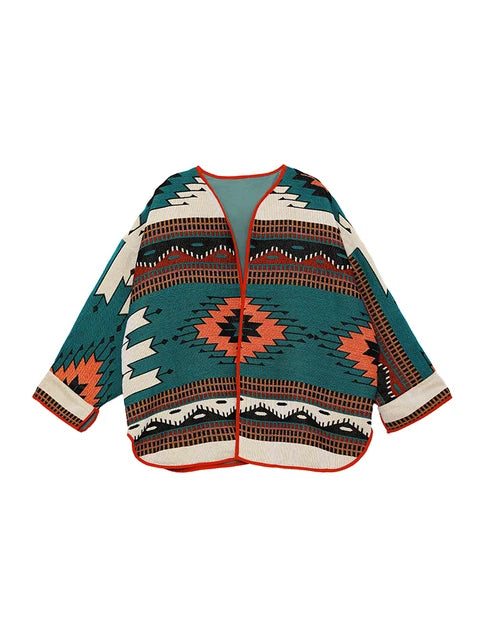 Spring Fall Jacket Clothes Women Exotic Southwest Style Contrast Printed Oversize Jacket Long Sleeve V-Neck Cardigan Coat