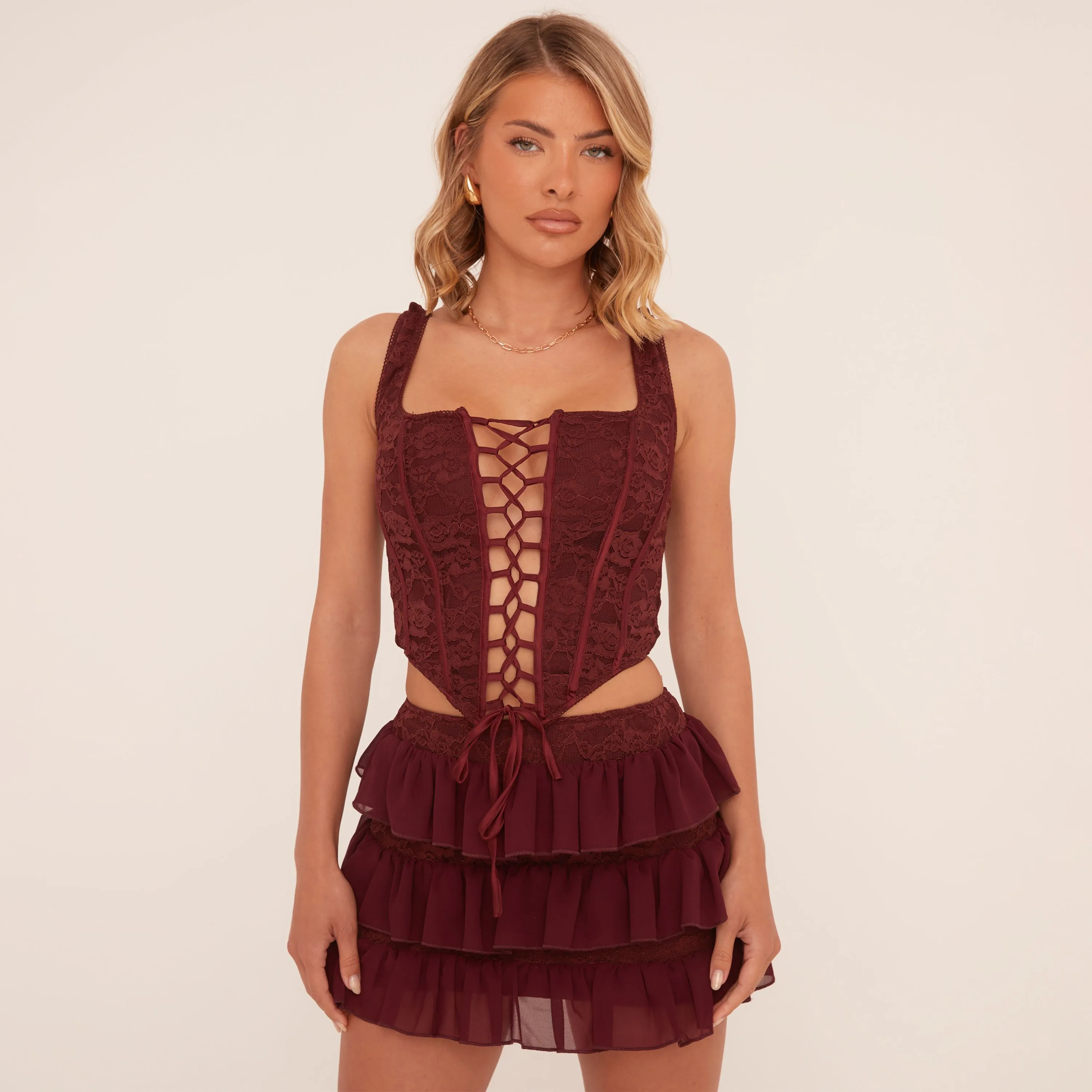 Square Neck Lace Up Front Detail Structured Corset Top In Plum