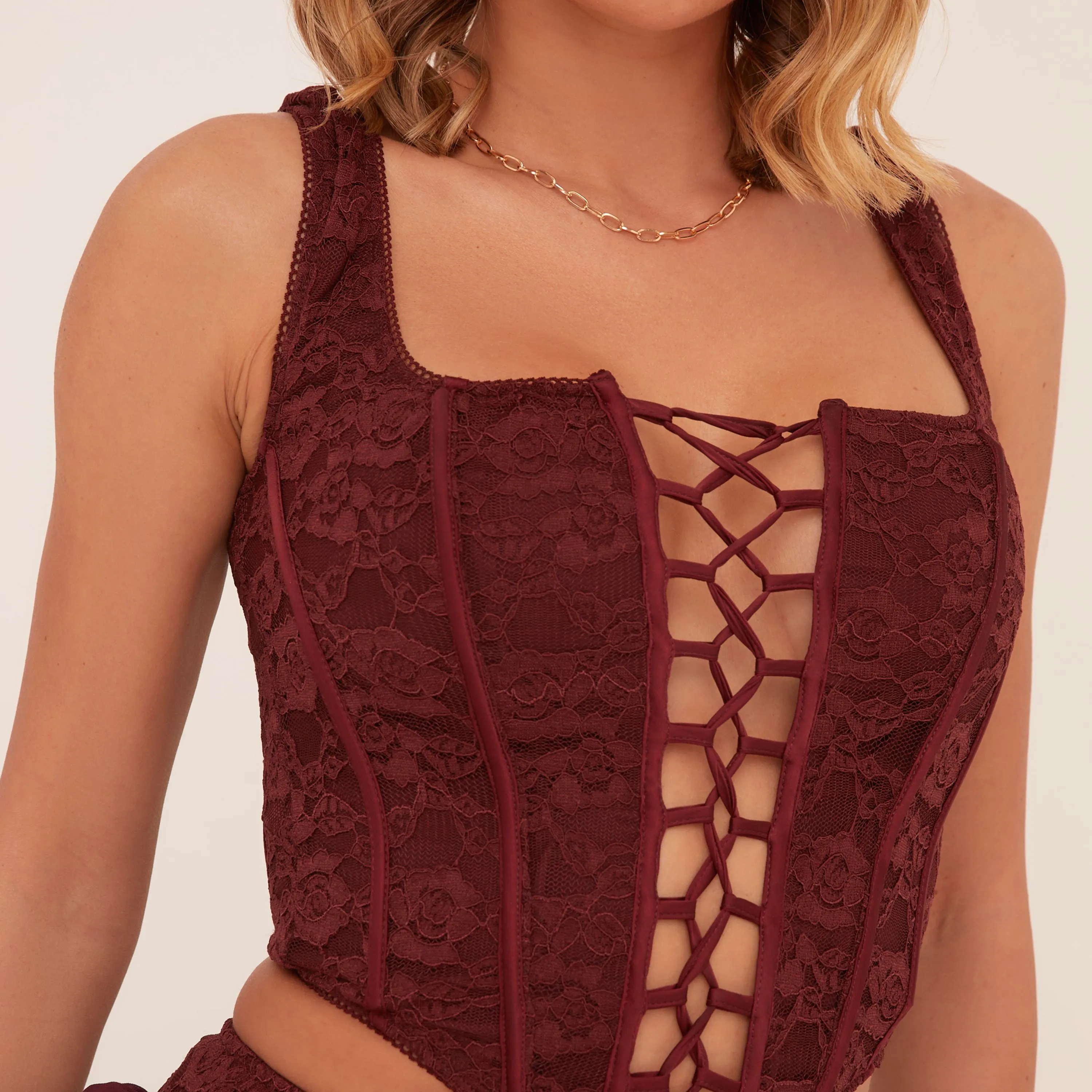 Square Neck Lace Up Front Detail Structured Corset Top In Plum