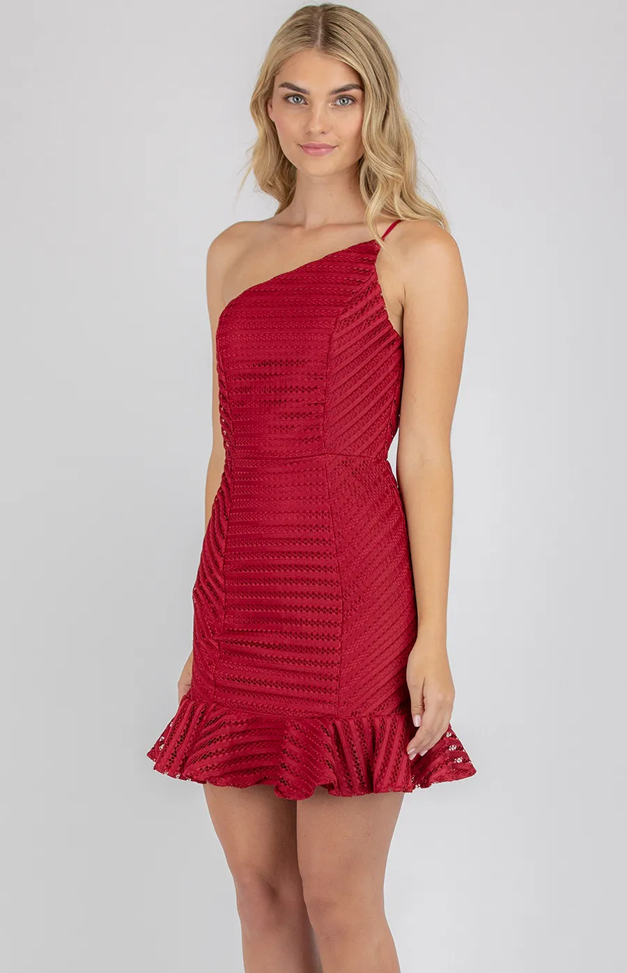 Textured One Shoulder Mini Dress with Ruffle Hem (SDR735A)