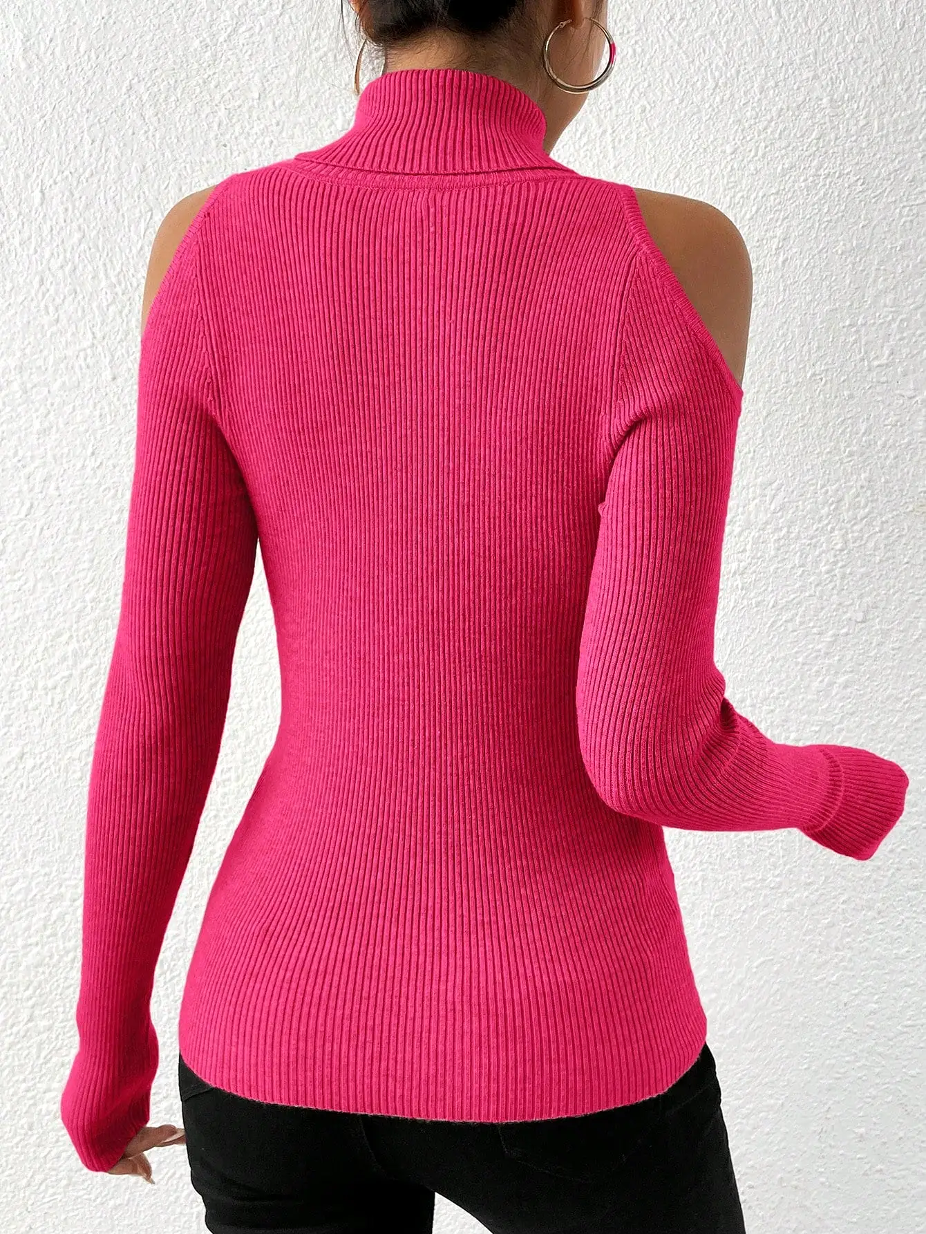 Turtleneck Cold Shoulder Ribbed Knit Sweater