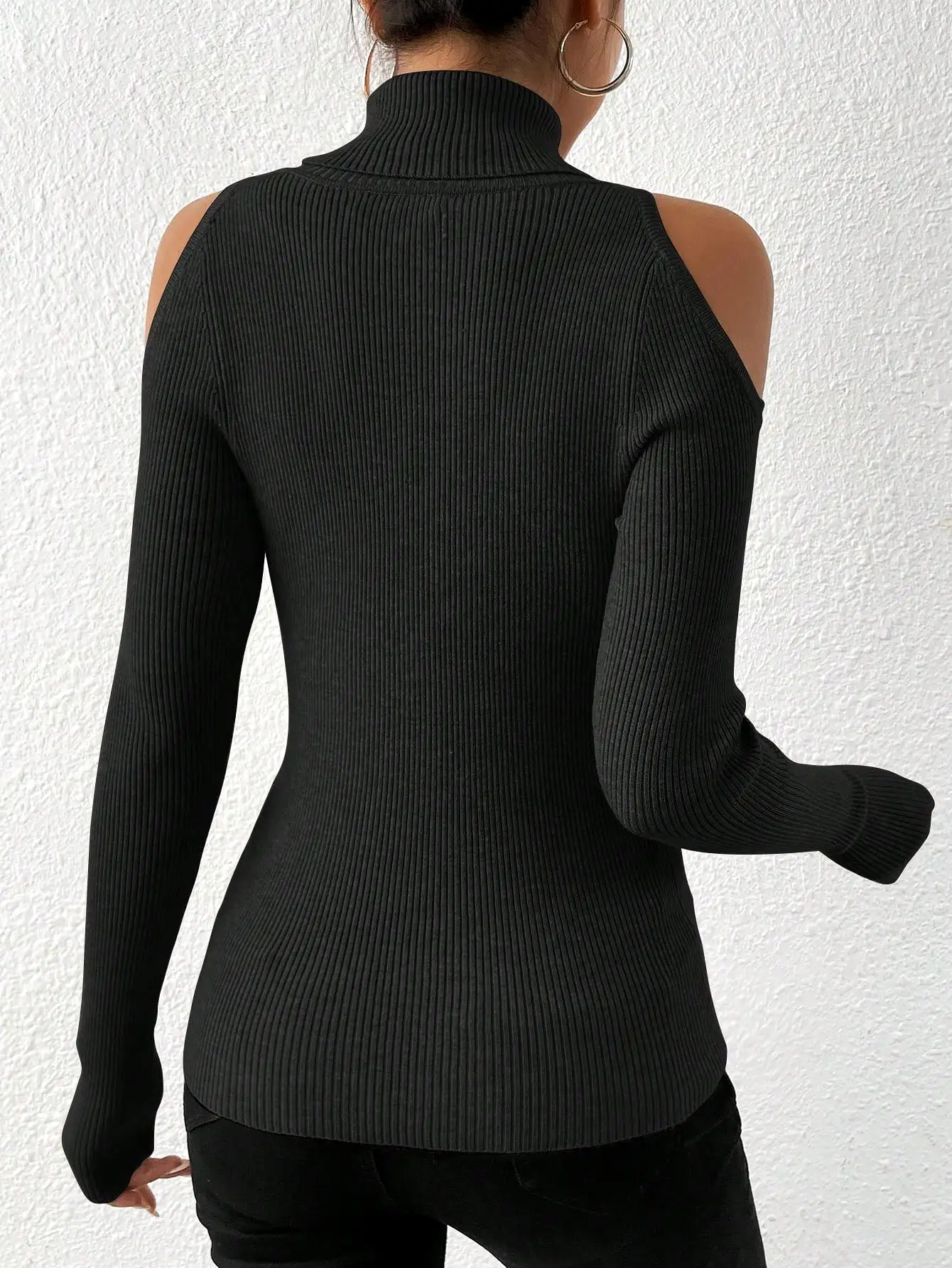 Turtleneck Cold Shoulder Ribbed Knit Sweater