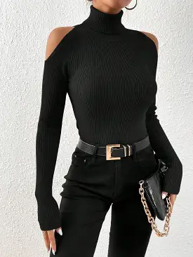 Turtleneck Cold Shoulder Ribbed Knit Sweater