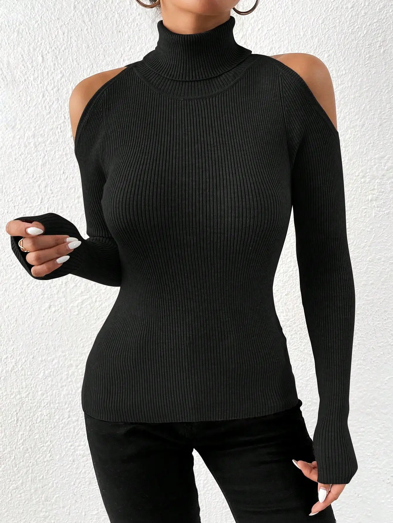 Turtleneck Cold Shoulder Ribbed Knit Sweater