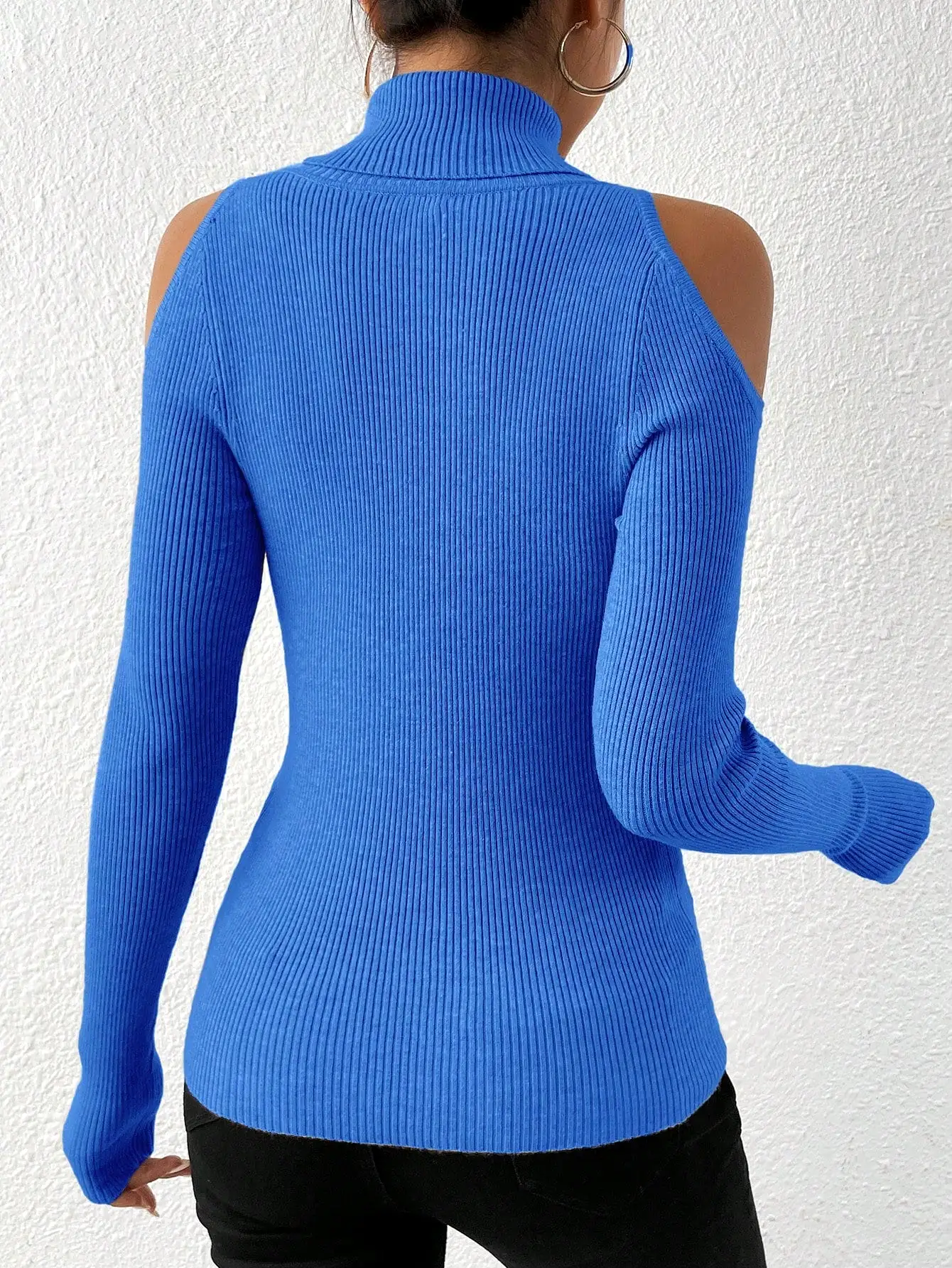 Turtleneck Cold Shoulder Ribbed Knit Sweater