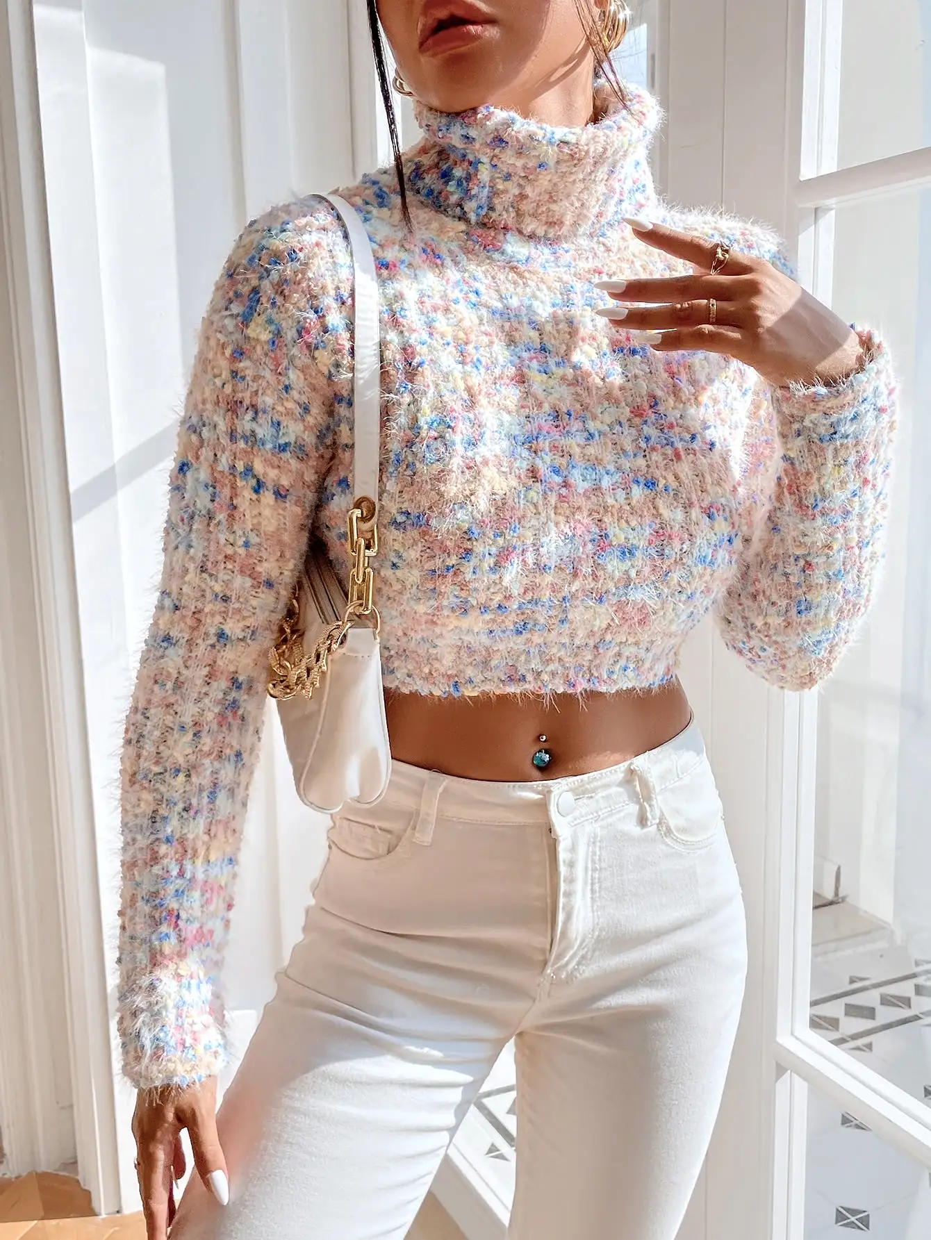 Turtleneck Colorful Knit Crop Sweater