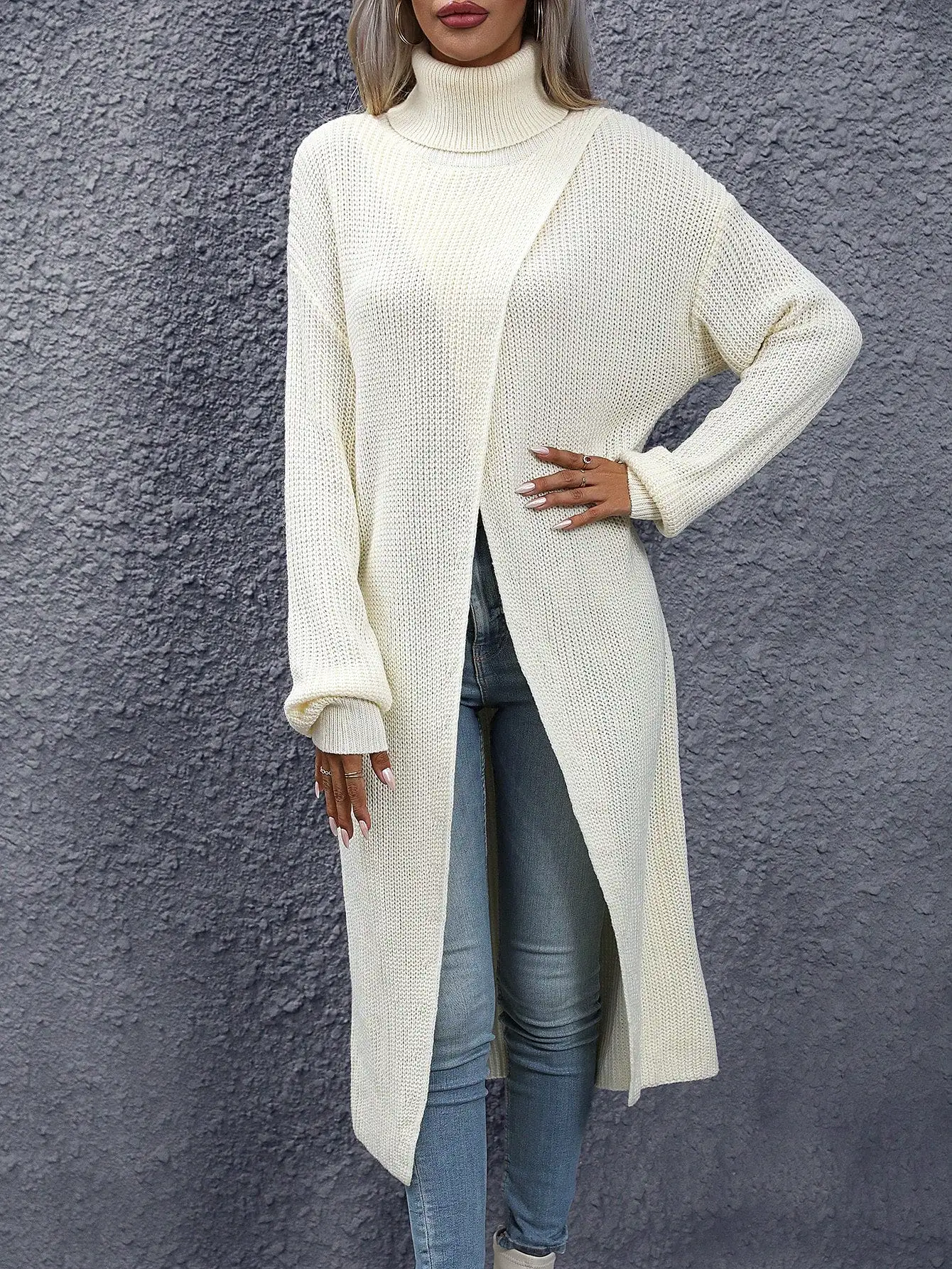 Turtleneck Split Wrap Hem Sweater