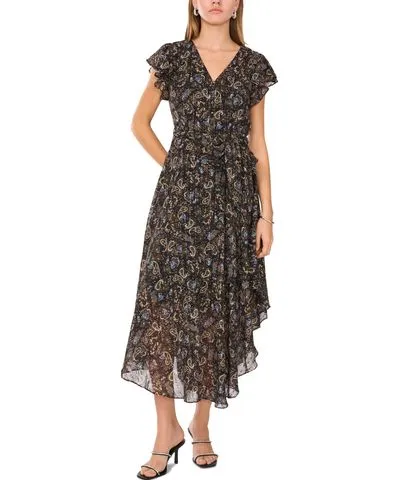 Vince Camuto Women's V-Neck Button-Down Belted Flutter Midi Dress