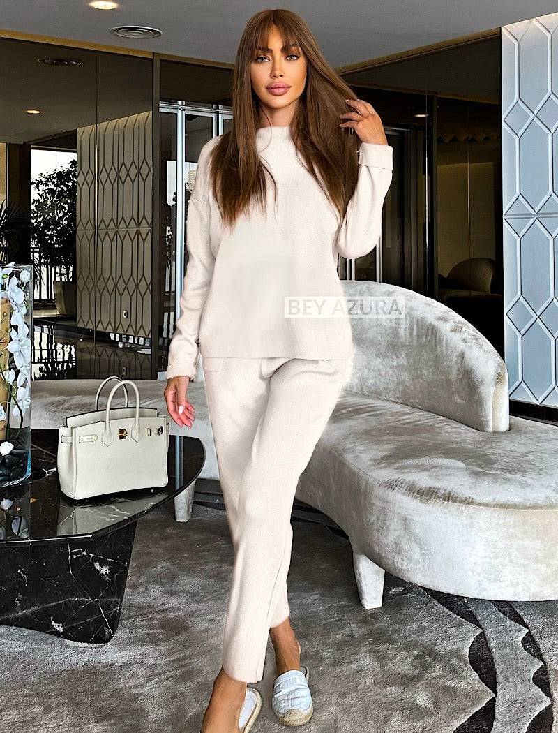 White Knit Long Sleeve Top and Slim Trouser Two Piece Set