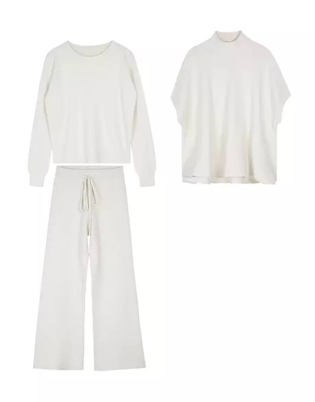 Wide Leg Pants Top Knit Three Piece Set