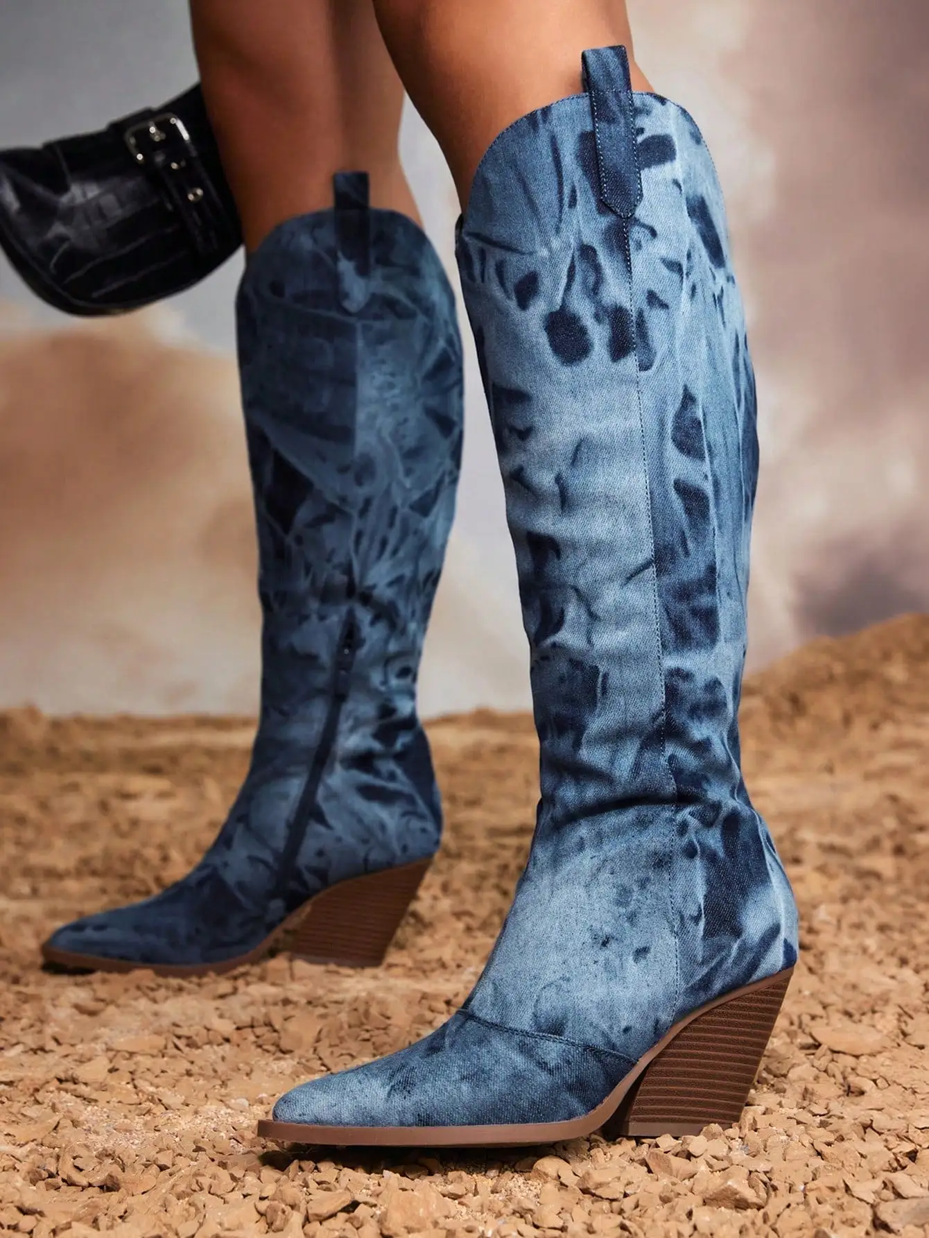 Woman Shoes Stylish Point Toe Blue ColorBlock Slip-On Knee High Western Boots