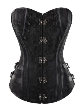 Women Black Corset Lace Up Front Button Sweetheart Jacquard Waist Trainer