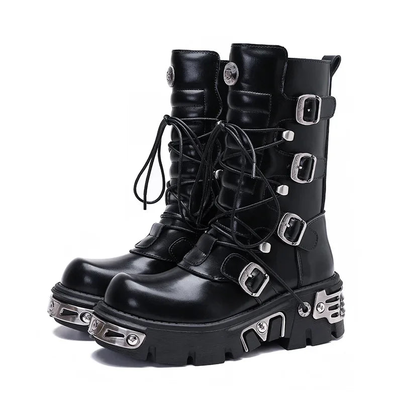 Women Punk Biker Boots Winter Black Leather Bellow Knee Boots